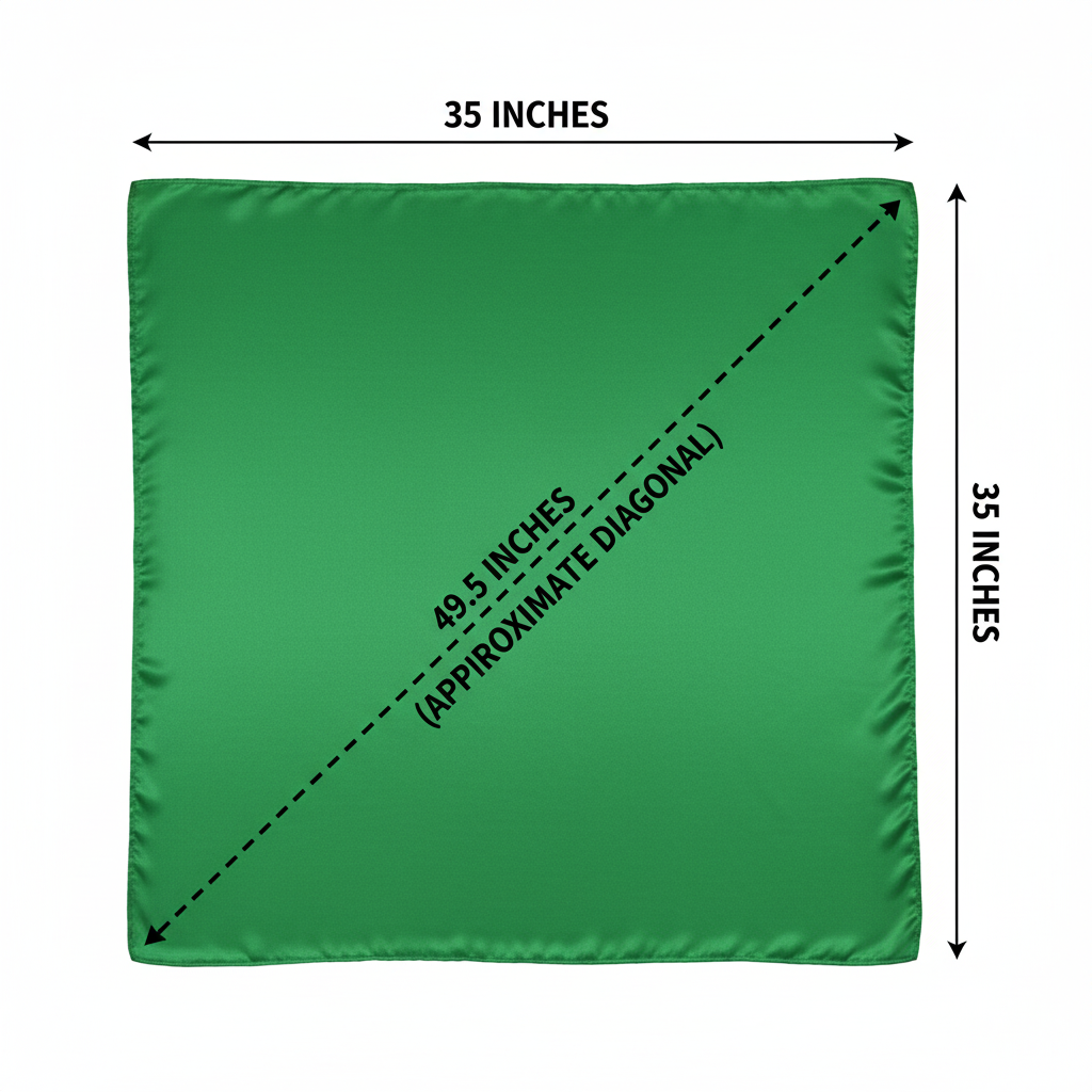 Emerald green wild rag scarf measurement diagram showing 35x35 inches