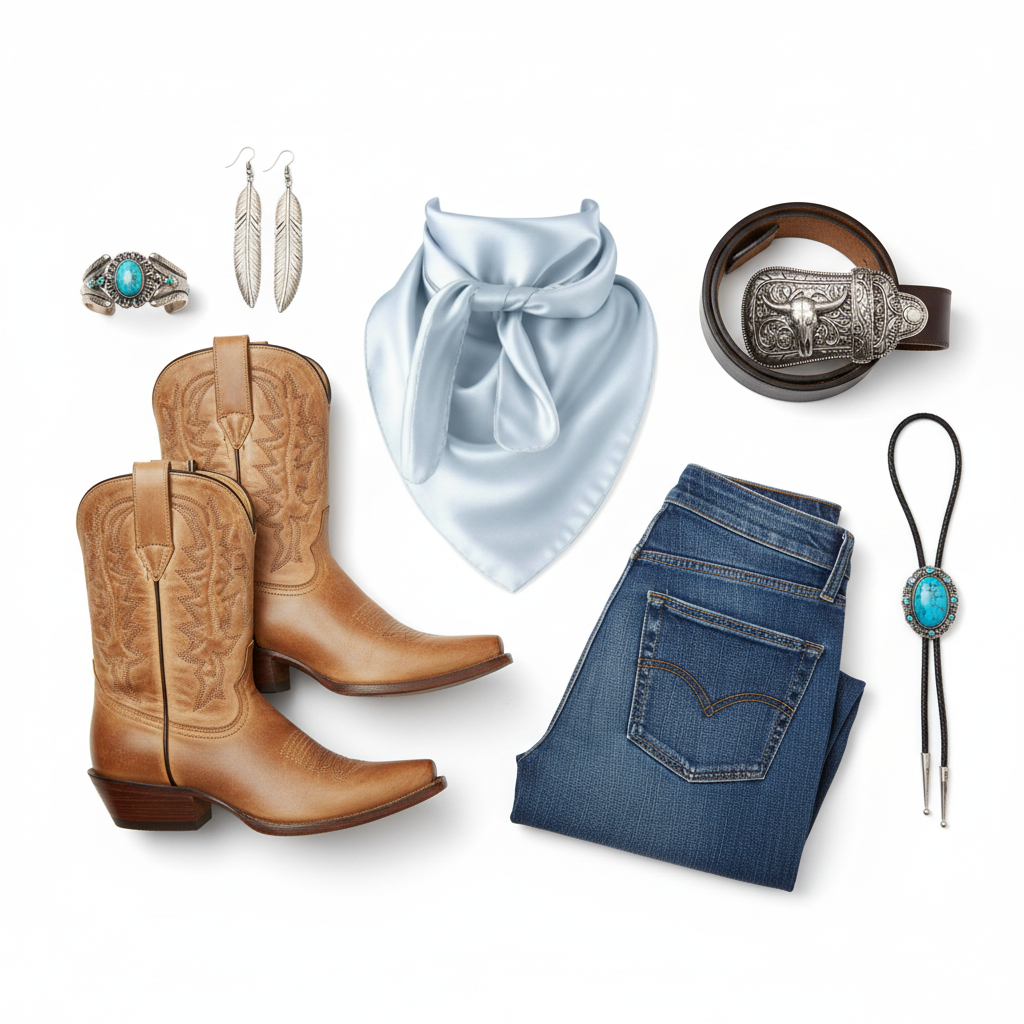 Flat lay of light blue wild rag scarf with western accessories including boots, belt, jewelry, and denim
