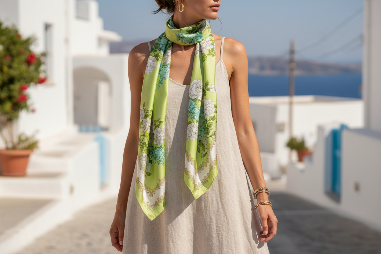 Green floral satin scarf worn as neck accessory with summer dress, travel styling