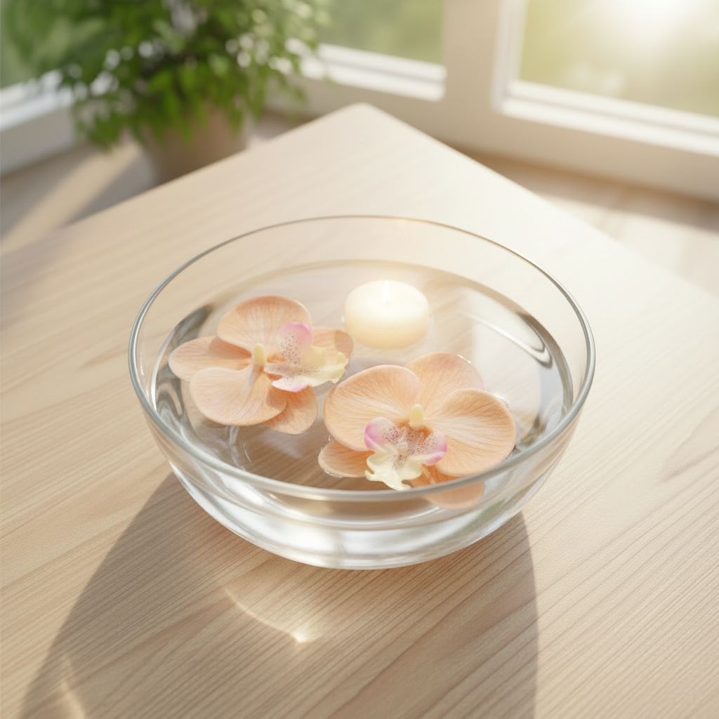 Two peach champagne Phalaenopsis orchid heads floating in a wide clear glass bowl with a lit white floating candle, overhead view, warm candlelight reflecting on water, sunroom setting