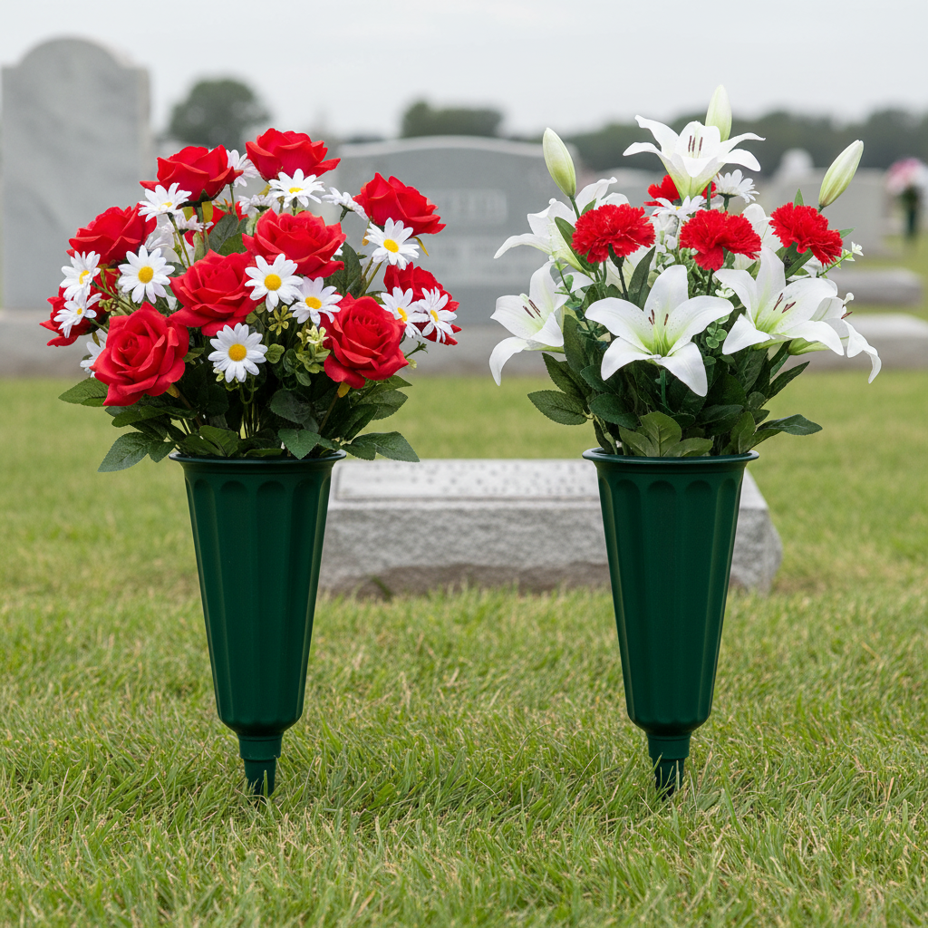 Set of 2 green cemetery flower vases with spikes inserted in grass at gravesite holding red and white flowers