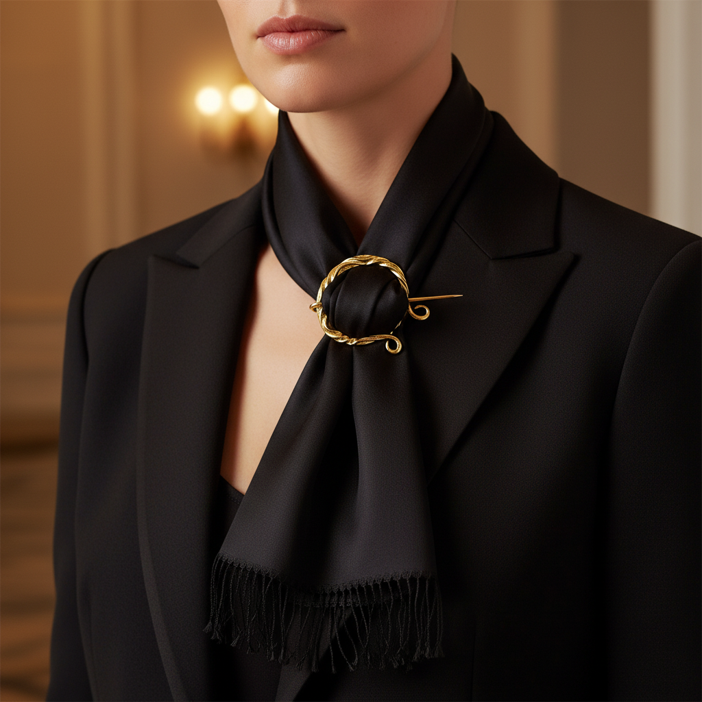 Gold vine brooch pin fastening black silk scarf on black evening blazer