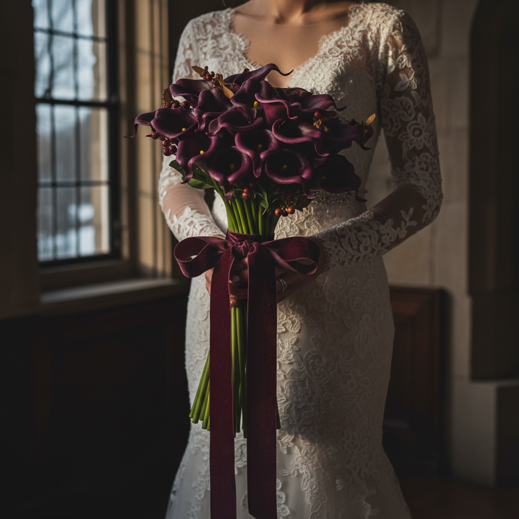 Eggplant purple artificial calla lily bridal bouquet tied with deep plum ribbon, moody romantic wedding photography