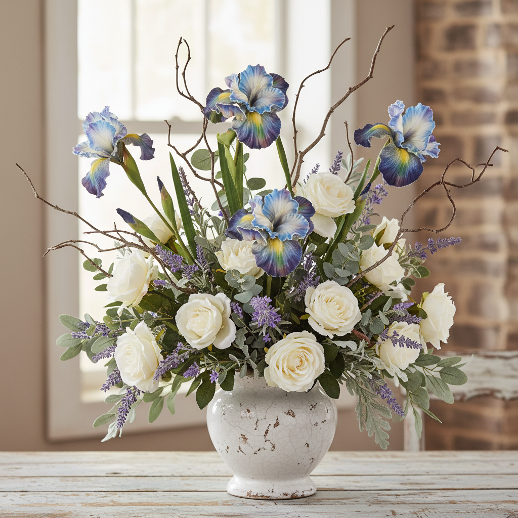 Cottage farmhouse floral arrangement with blue iris, white roses, lavender, dried twigs, and eucalyptus in vintage white vase, shabby chic styling