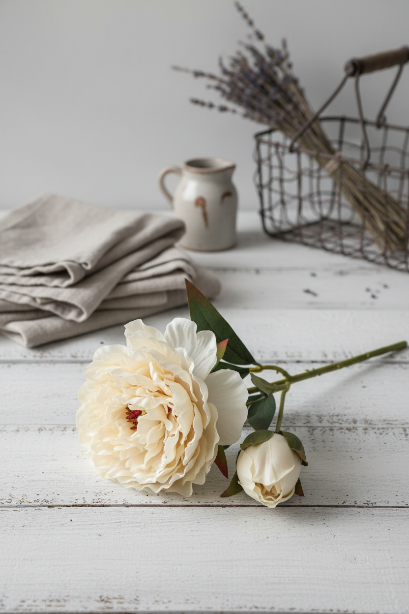 Cream ivory faux peony stem in vintage farmhouse setting on white wood surface