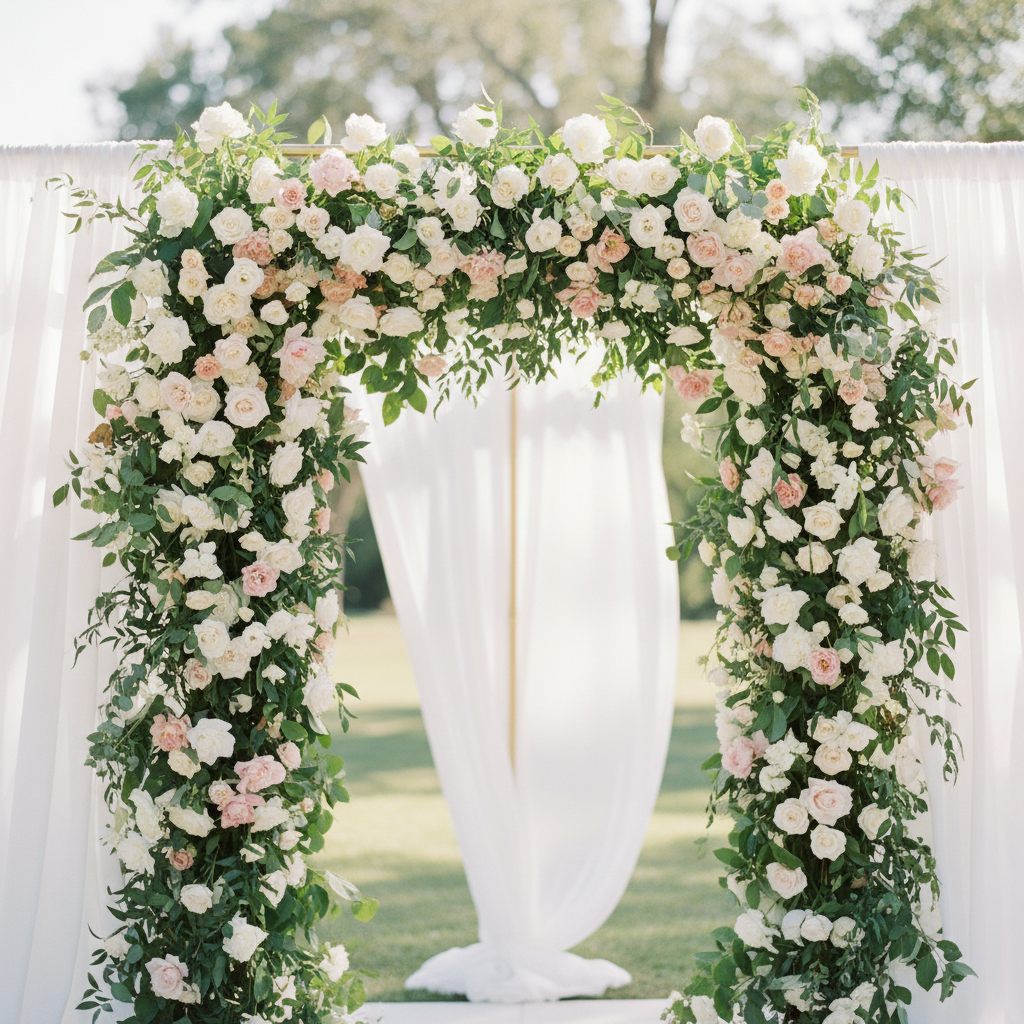 Fresh white rose and blush peony wedding arch floral arrangement using wet floral foam blocks fully covered with flowers and greenery