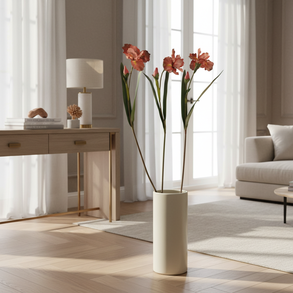 Luxury terracotta pink artificial iris flowers with long slender 33-inch stems and small delicate blooms displayed in elegant floor vase, sophisticated neutral home decor