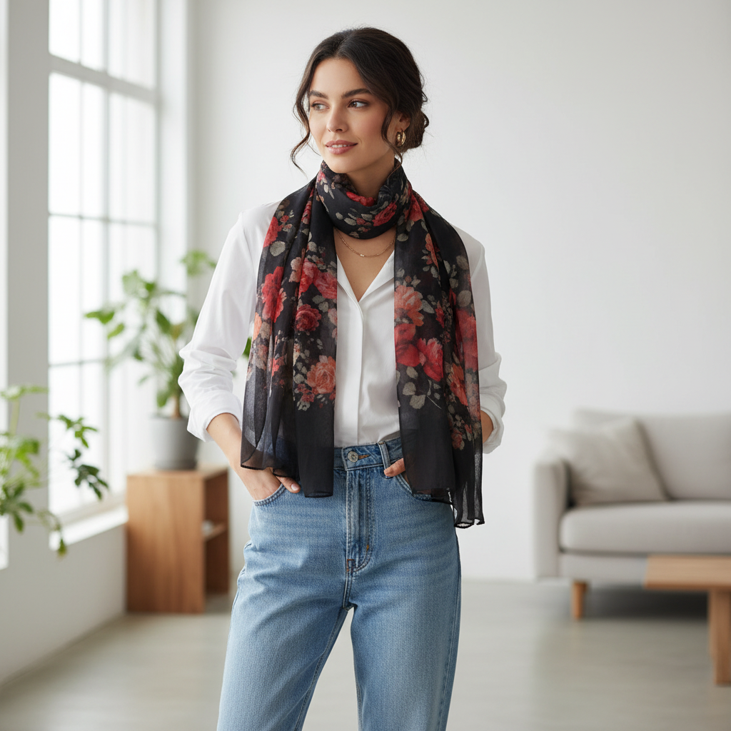 Woman wearing black chiffon red floral scarf as neckerchief with white blouse and jeans, casual chic indoor setting