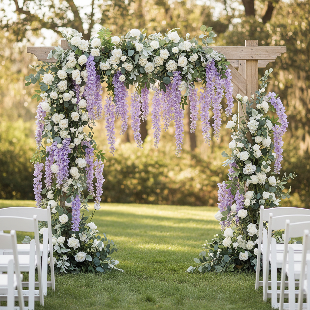 Artificial lavender wisteria stem hanging from a romantic wedding arch with white roses and eucalyptus
