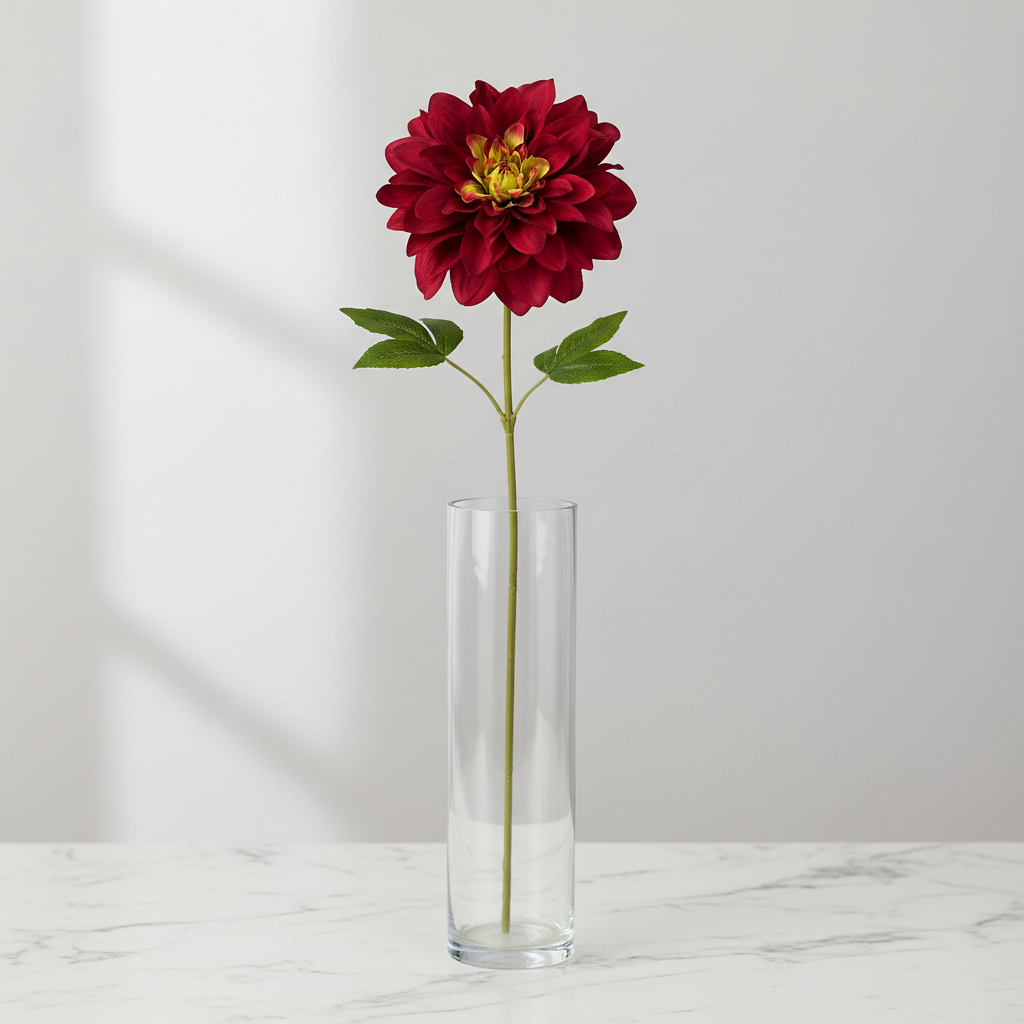 Single deep burgundy dahlia faux flower stem in tall clear glass vase on white marble countertop