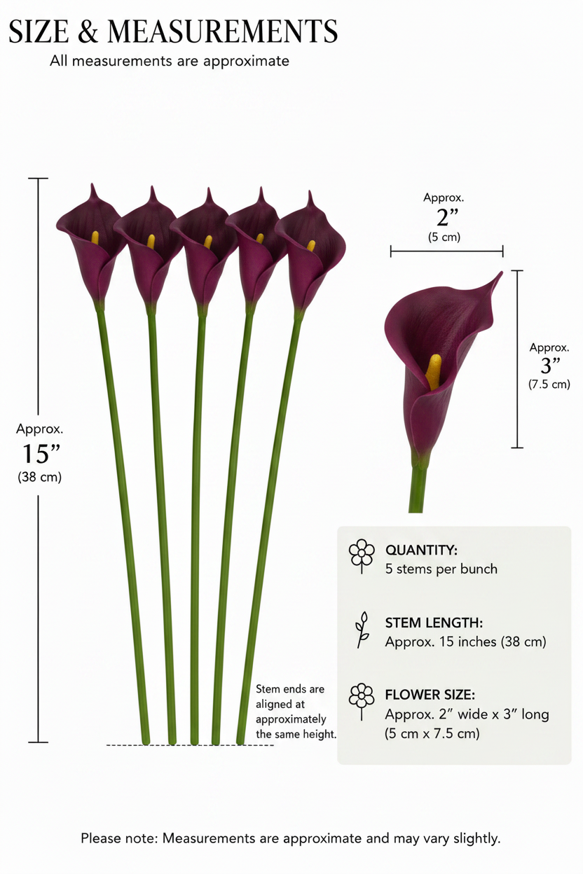 Plum purple calla lily bundle size and measurements diagram showing 15 inch stem length, 2 inch width and 3 inch bloom size, 5 stems per bunch