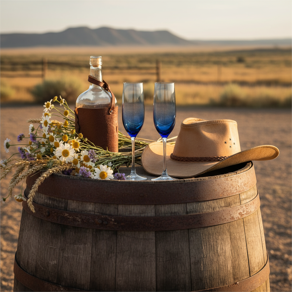 Vintage Libbey Vina blue ombre champagne flutes styled on a rustic wooden barrel with cowboy hat and wildflowers at golden hour