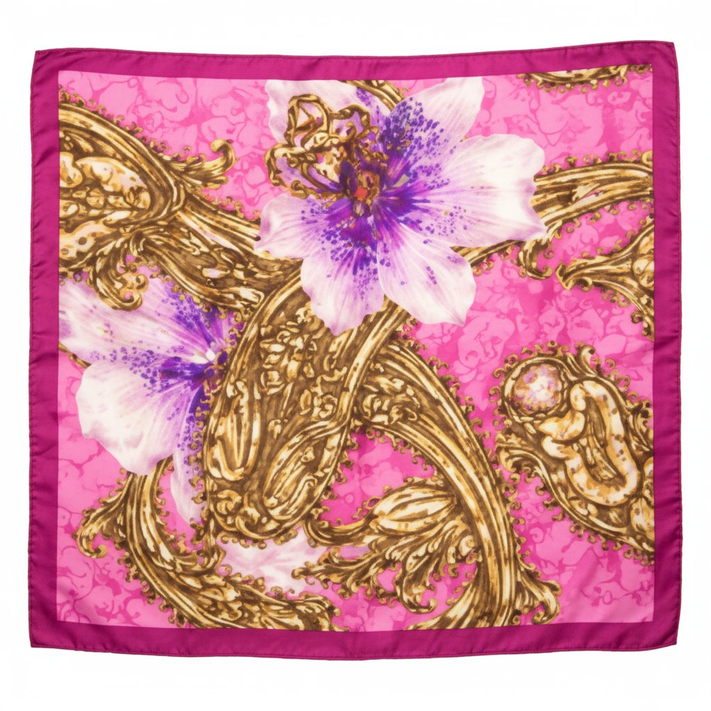 Pink Floral Satin Scarf 20x20 Orchid Baroque Bloom Square Scarf with Purple Orchid and Gold Scrollwork on White Background