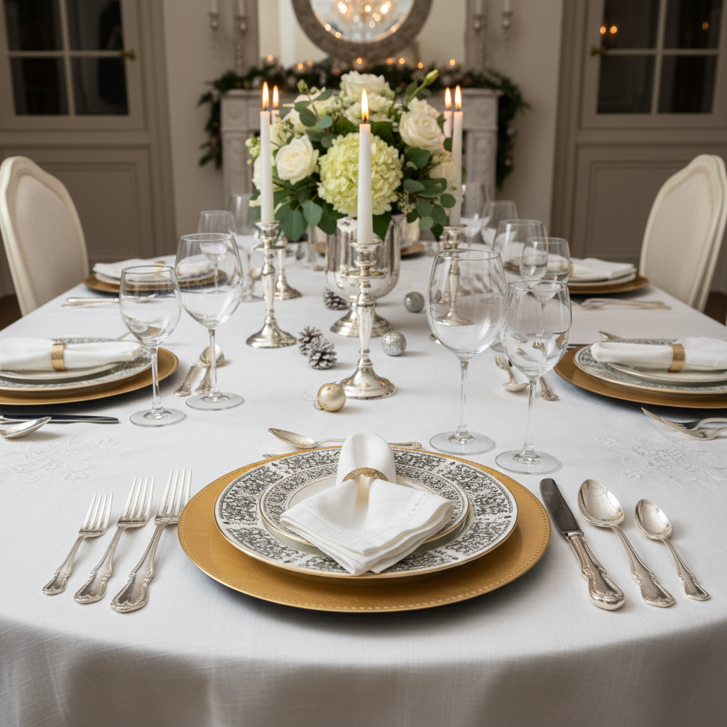 Elegant formal dining table setting with vintage Royal Wentworth fine china dinner plates featuring black floral border and gold trim
