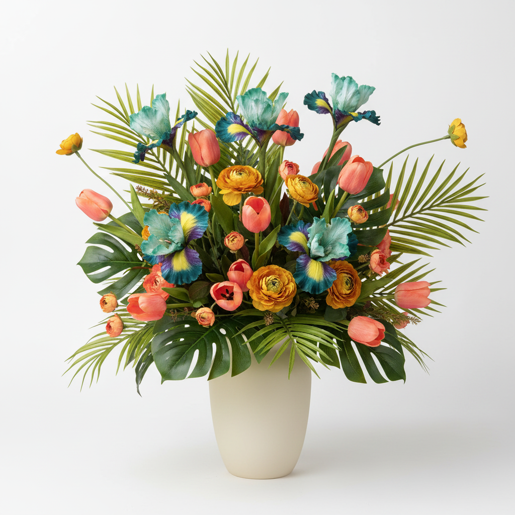 Faux teal purple iris flower stems blended with coral peach tulips and mustard yellow ranunculus in a cream ceramic vase, artificial floral arrangement