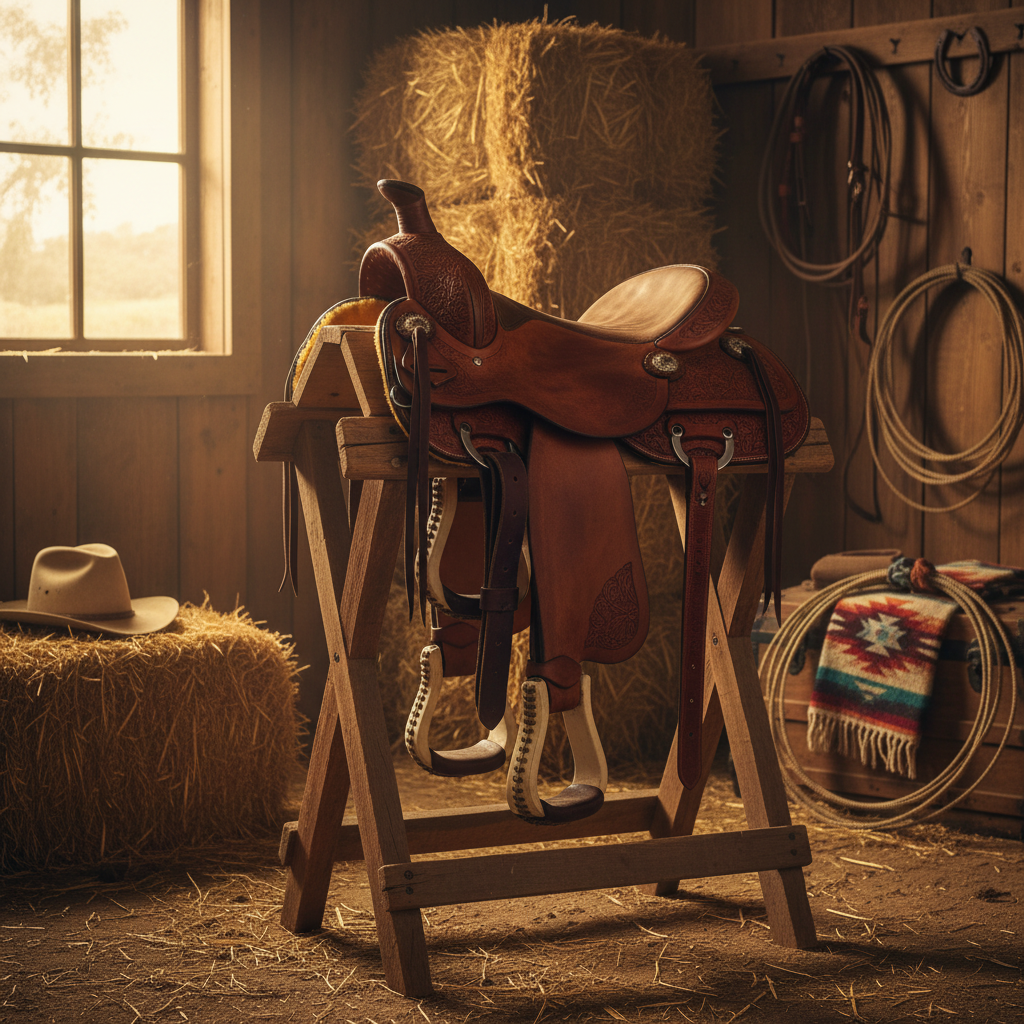 Western saddle with laced rawhide and leather bell stirrups in rustic barn tack room setting