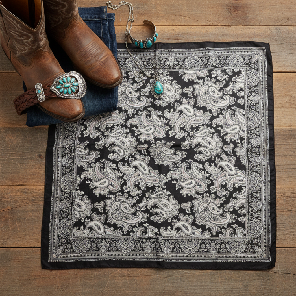 Flat lay of black and white paisley satin square scarf with western accessories boots belt turquoise jewelry denim