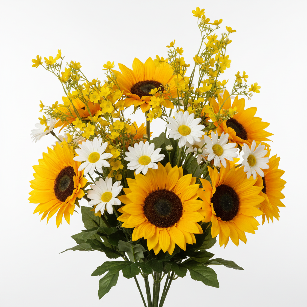 Artificial buttercup yellow dogwood stems as filler flower in professional sunny bouquet with sunflowers and white daisies
