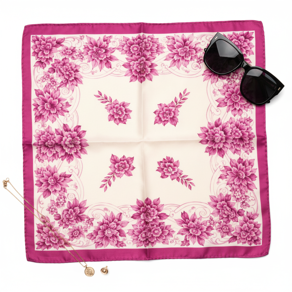 Flat lay styling of 20x20 inch square magenta floral satin scarf with fashion accessories on white background