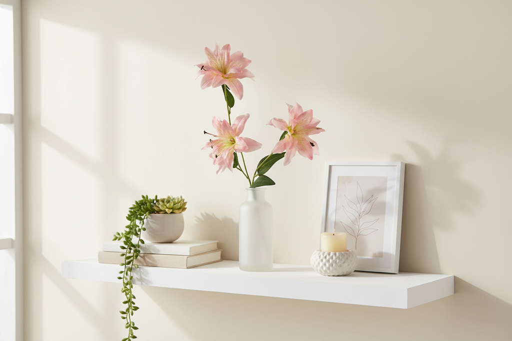 Blush pink lily stems in frosted glass vase on white shelf with neutral decor, soft feminine botanical home styling