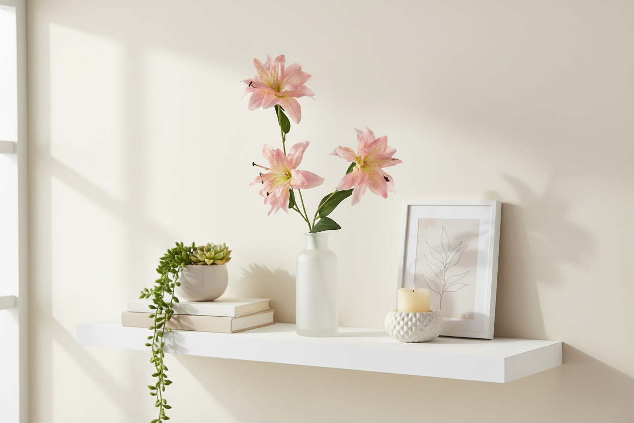 Blush pink lily stems in frosted glass vase on white shelf with neutral decor, soft feminine botanical home styling