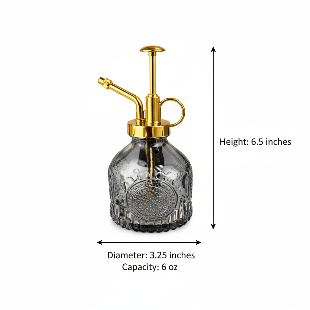 Measurement diagram of smoke gray glass plant mister showing 6.5 inches height, 3.25 inches diameter, 6oz capacity with black dimension lines