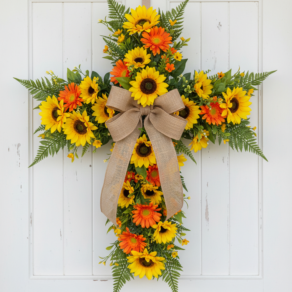 Bright yellow sunflowers and orange daisies cross wreath with burlap ribbon