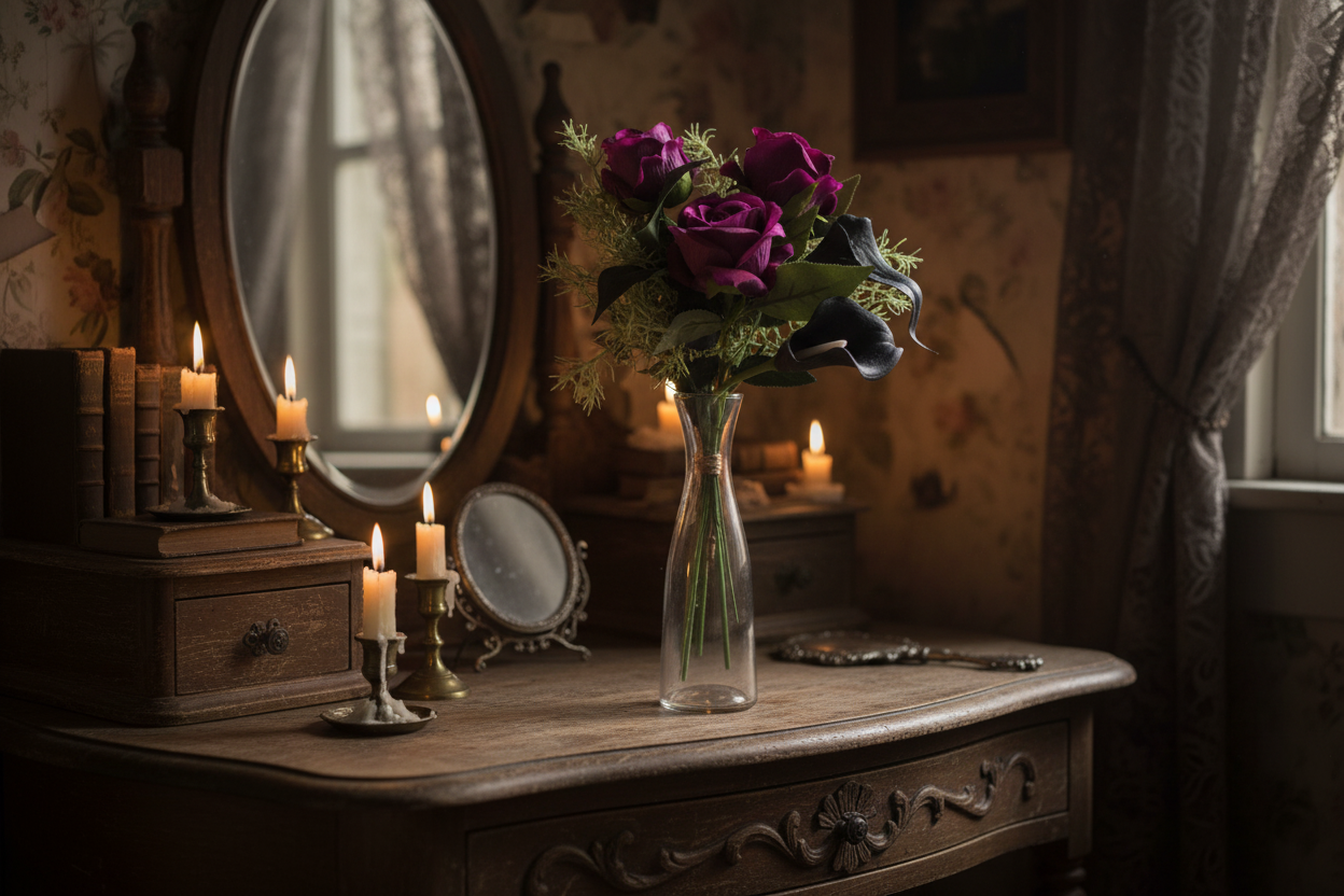 Gothic purple rose and black calla lily bouquet displayed in glass vase on vintage wooden vanity with candlelight in dark cottagecore interior