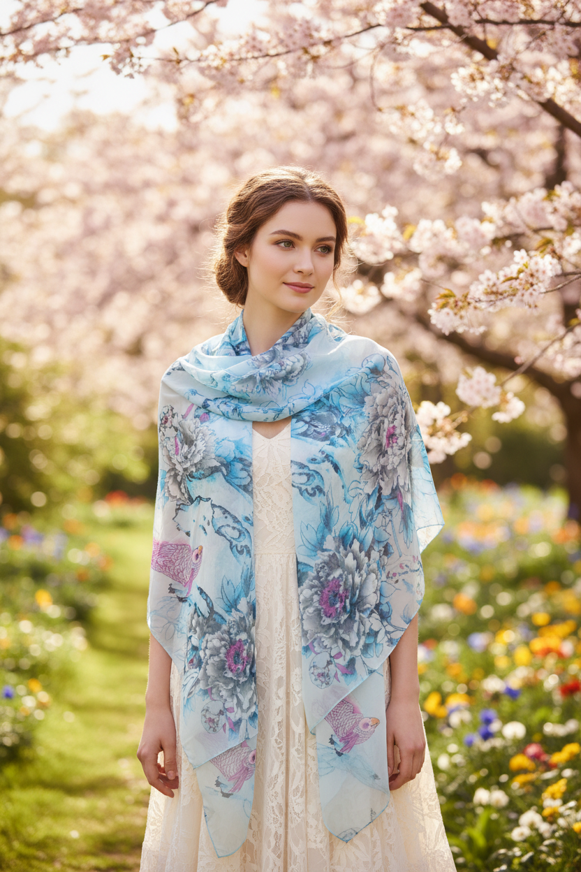 Pastel floral bird scarf draped over shoulders in romantic garden setting