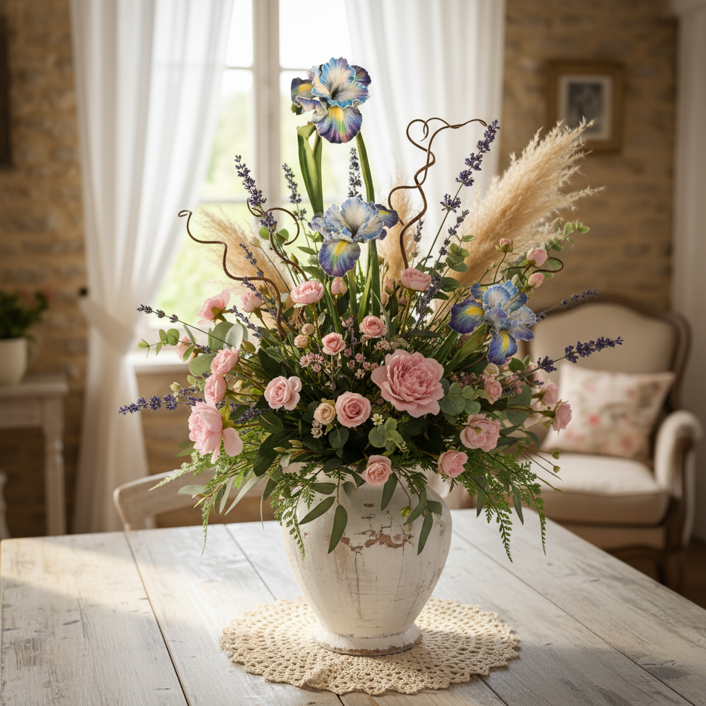 Shabby chic craft-inspired arrangement with blue iris, dried flowers, natural twigs, pampas grass, and soft pink blooms in distressed white vase