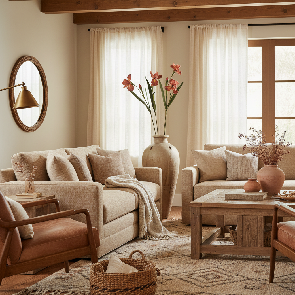 Artificial terracotta pink iris stems in floor vase, western-modern interior with warm earth tones, leather and wood accents, graceful tall stems with compact flowers