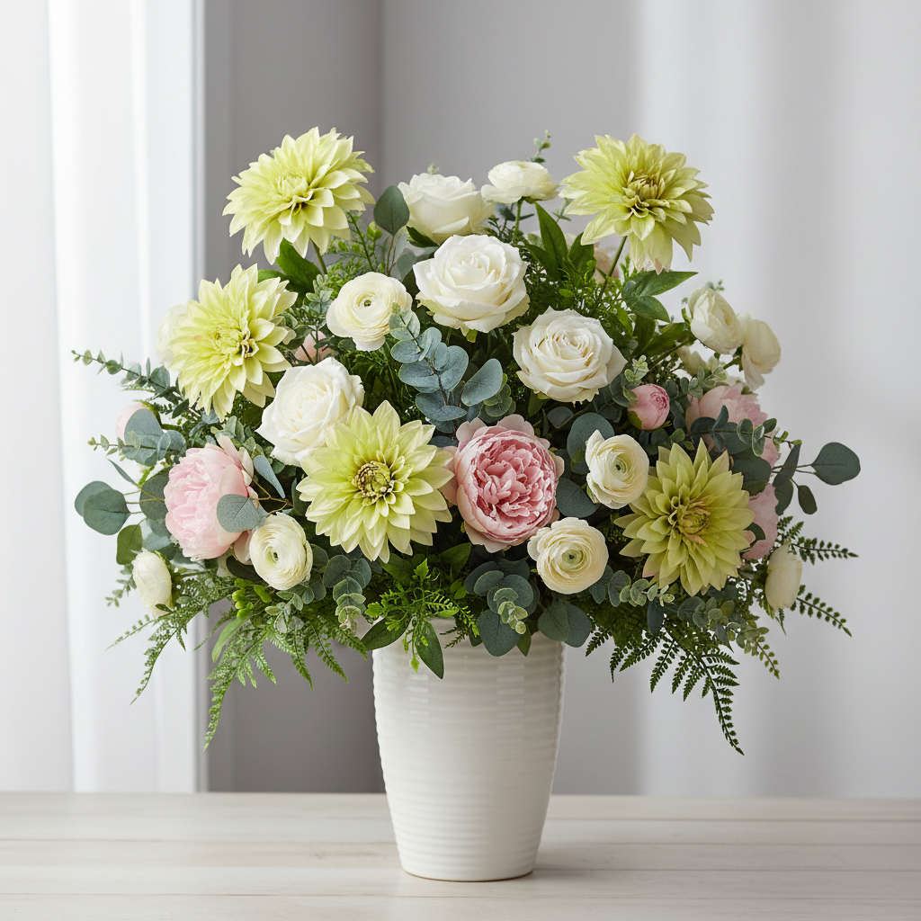 Light green dahlia stems mixed with white garden roses, cream ranunculus, blush peonies and eucalyptus in white ceramic vase