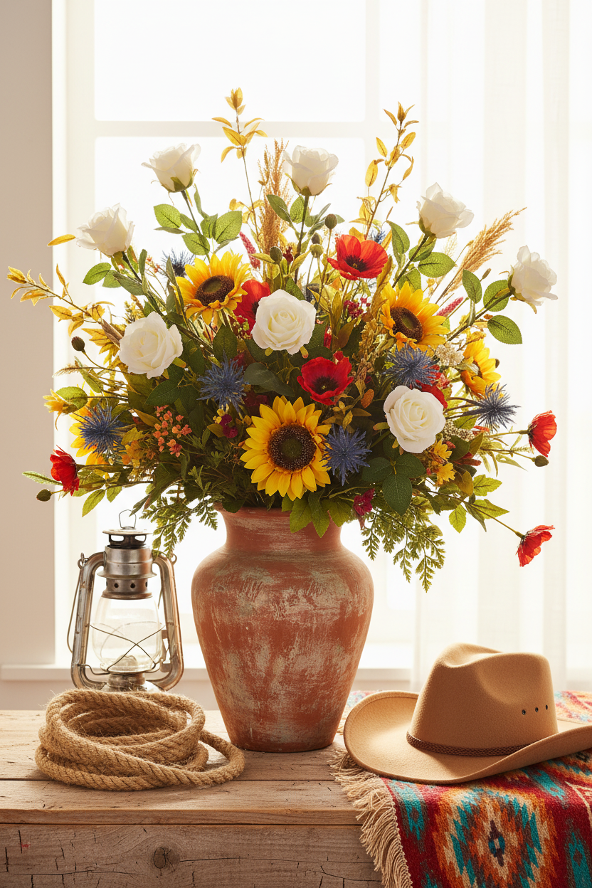 Set of 6 faux white rose stems arranged in a rustic terracotta vase with western props including rope coil, vintage lantern, and cowboy hat on a weathered wood surface