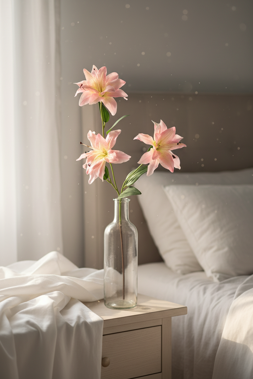 Blush pink lily stems in clear glass vase on bedside table with soft linens, serene romantic bedroom decor