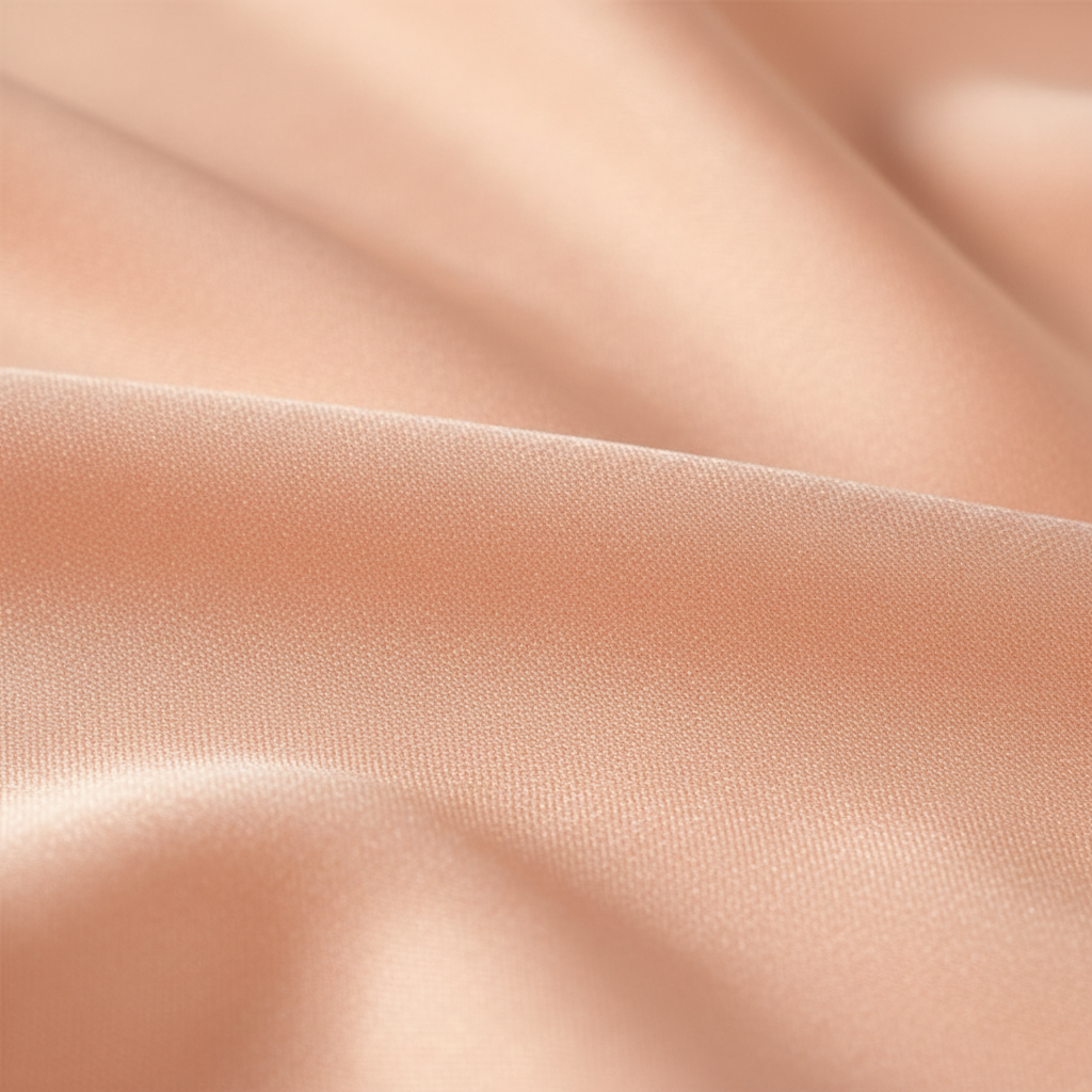 Close-up of peach satin fabric showing smooth silky texture and luxurious sheen detail