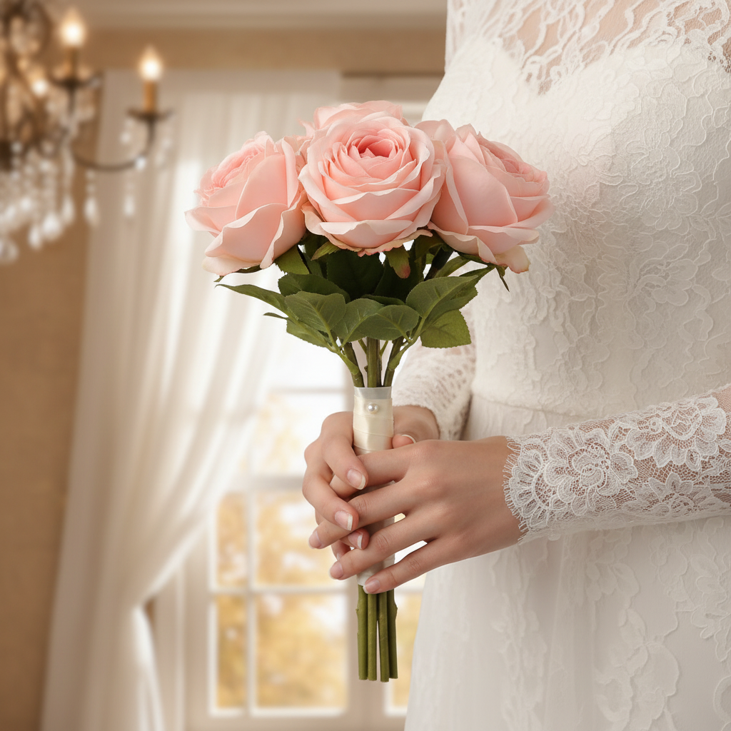 Blush pink artificial silk roses held as a bridal wedding bouquet, elegant romantic arrangement