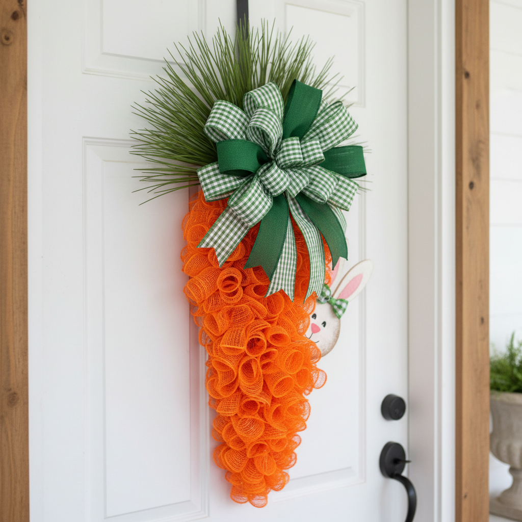 Orange carrot wreath decorated with deco mesh and green bow on white farmhouse door - Easter spring decoration