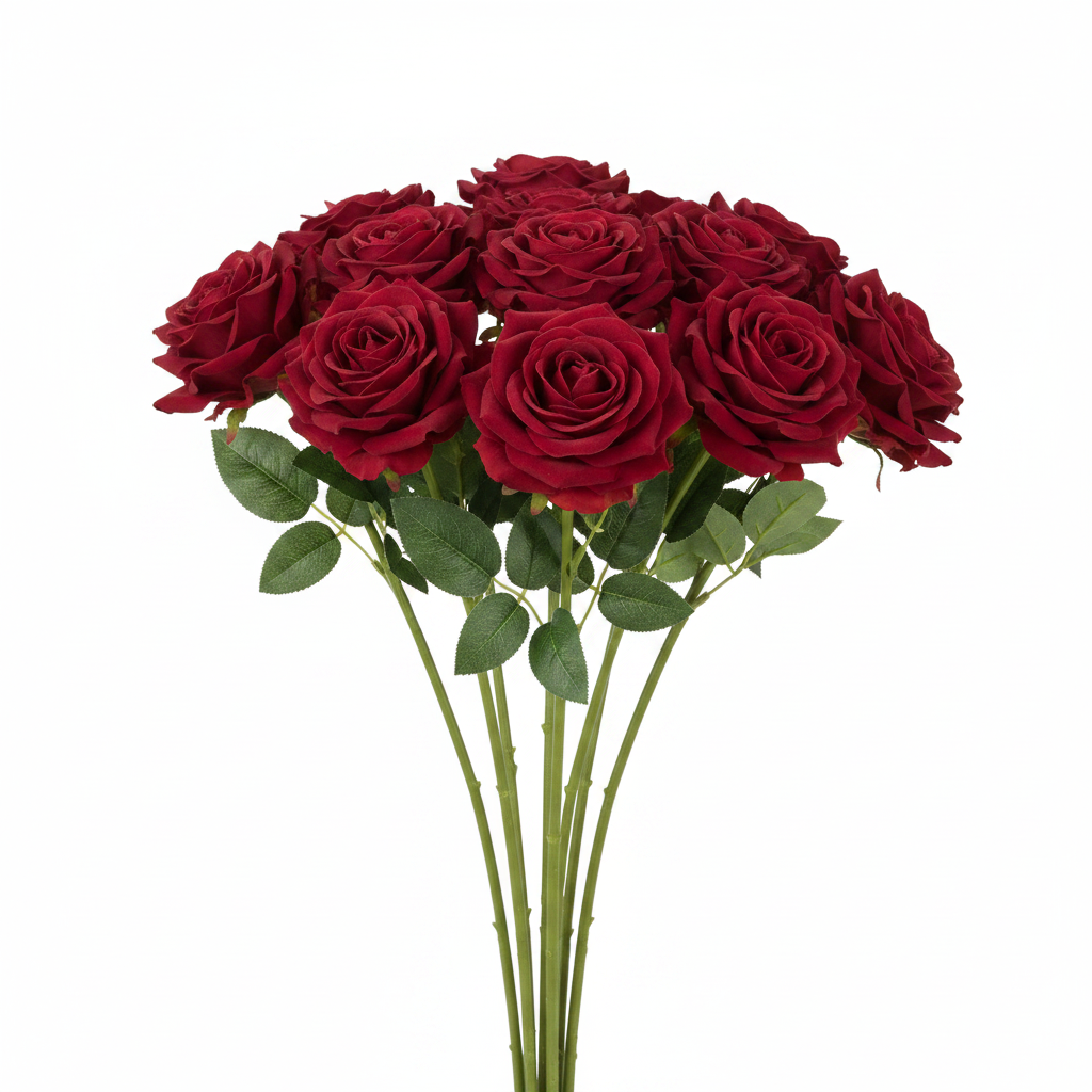 12 dark red faux rose stems arranged as a bouquet on white background, no ribbon, realistic crimson blooms with green leaves