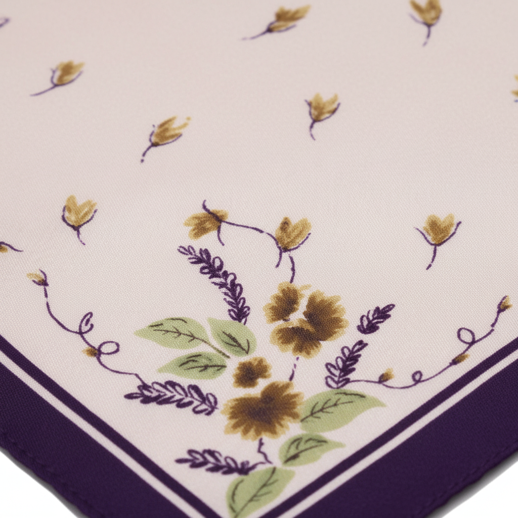 Close-up detail of blush pink and purple floral satin scarf showing vine pattern and fabric texture