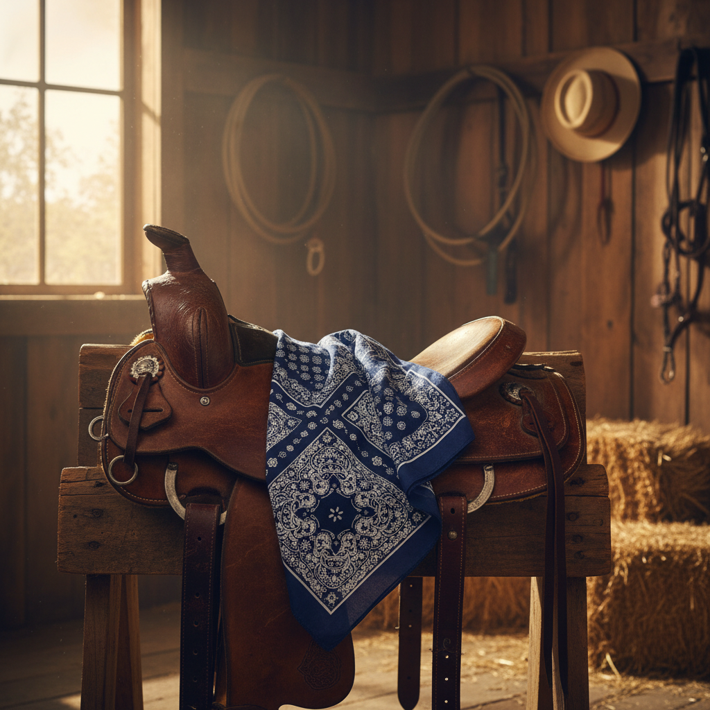 Navy blue paisley bandana draped on vintage saddle in rustic barn setting