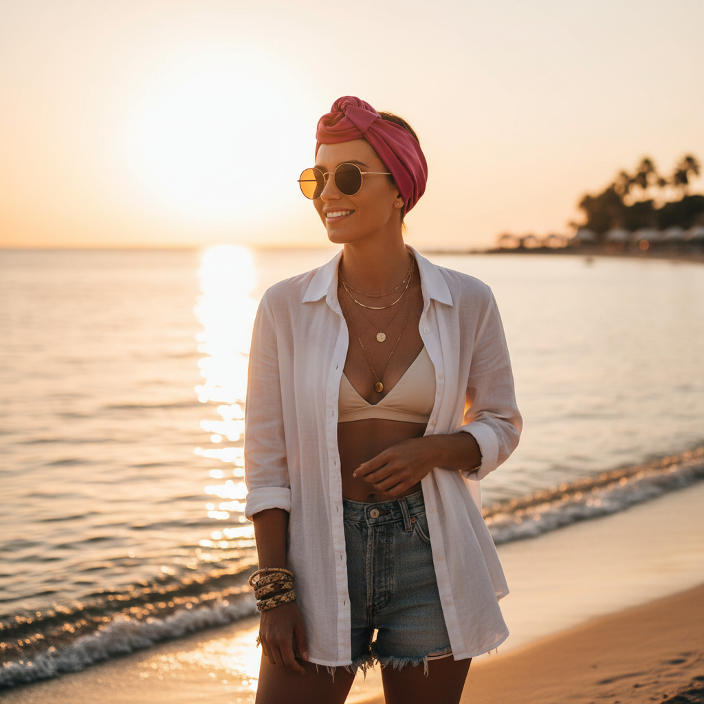 Dark pink wild rag scarf worn as summer beach head wrap with sunglasses, casual vacation accessory