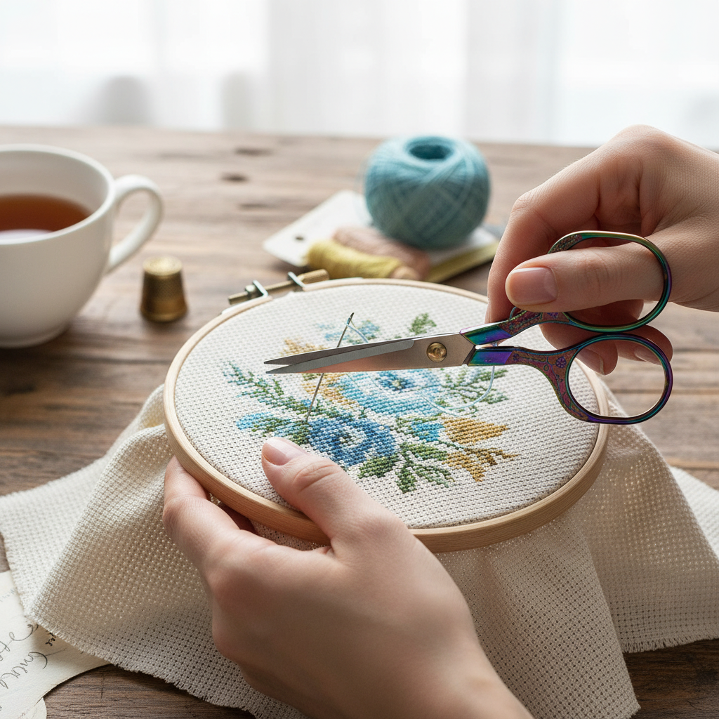 Woman holding ornate multicolor embroidery scissors while doing cross-stitch on a wooden embroidery hoop