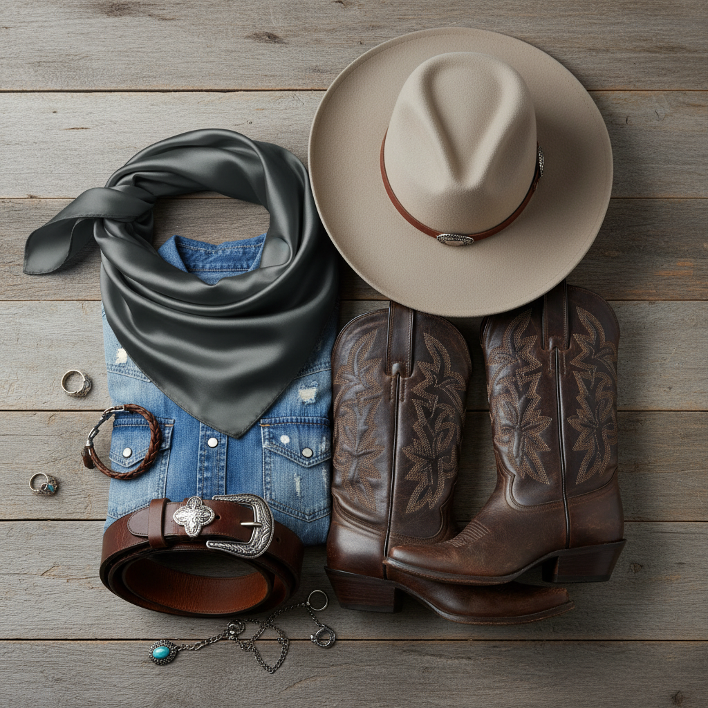 Dark gray satin wild rag scarf western fashion flat lay with boots and hat