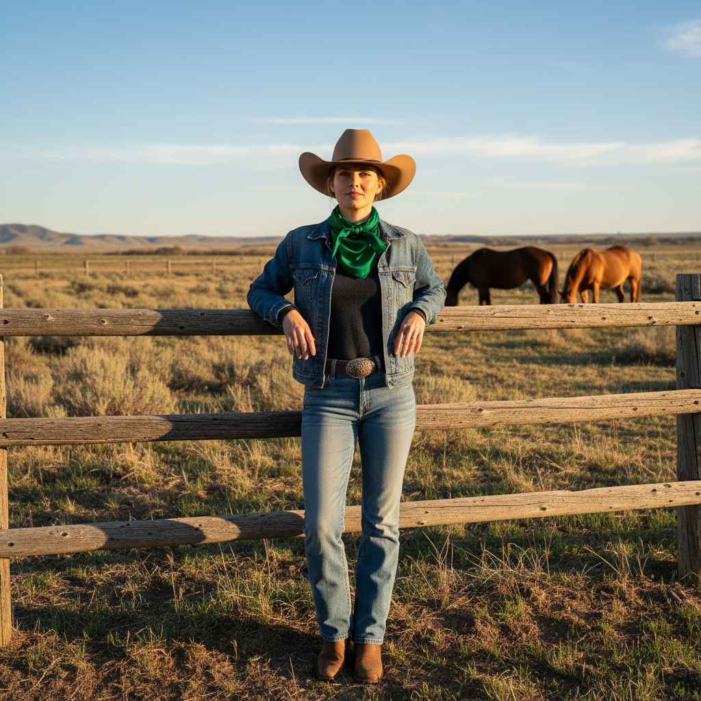 Woman wearing green satin wild rag scarf at western ranch with horses - cowgirl lifestyle