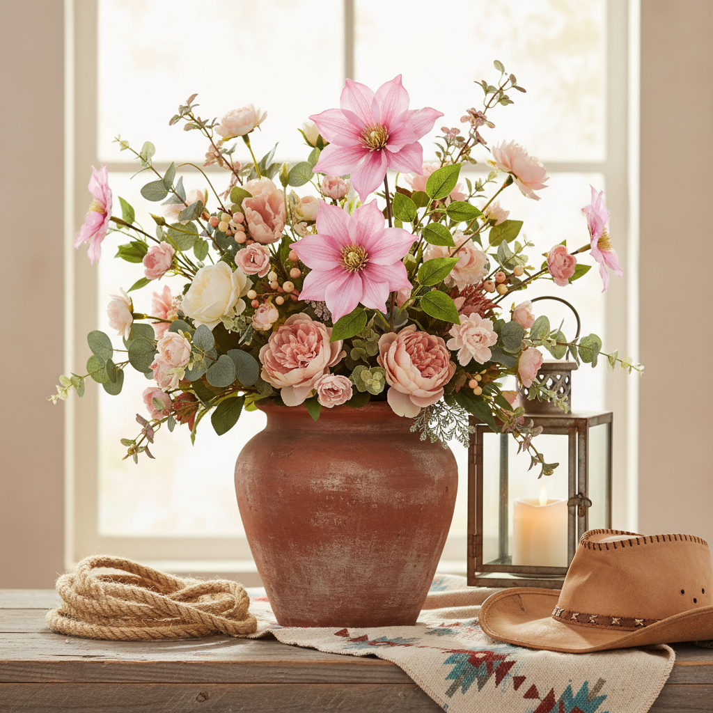 Light pink clematis faux flower stems in a rustic terracotta vase with western wildflower arrangement, rope coil and vintage lantern on weathered wood