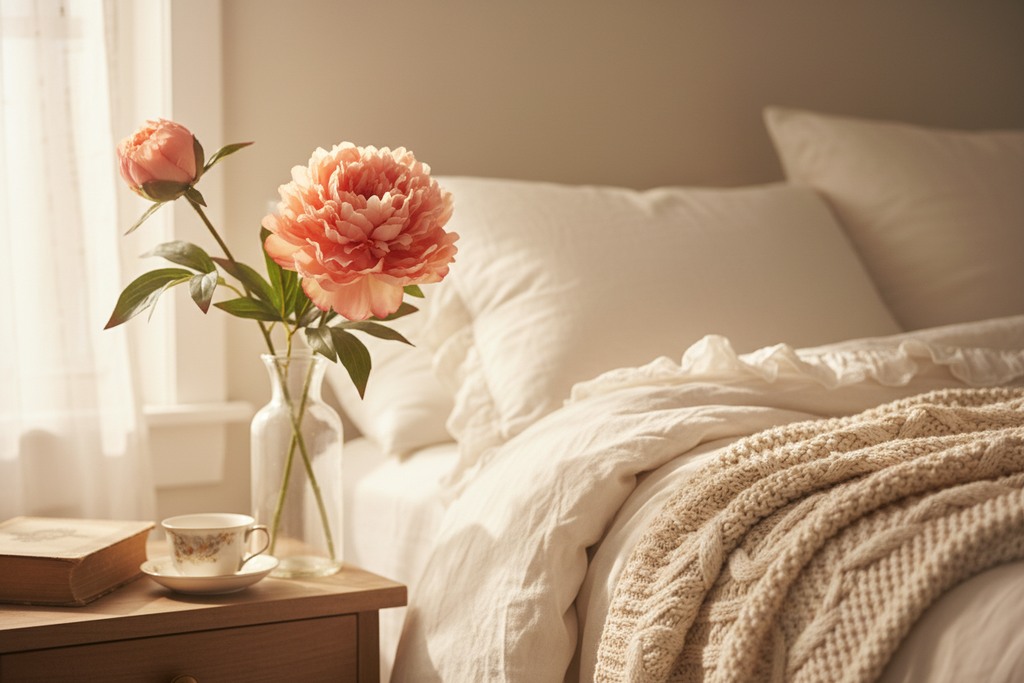 Bedroom nightstand with peach coral peony bud and bloom arrangement in soft morning light, romantic cottage decor