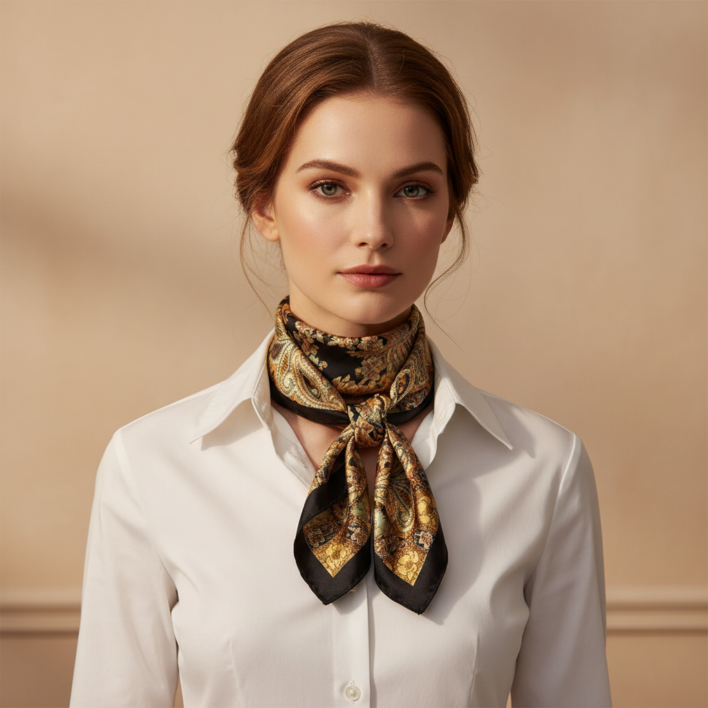 Woman wearing black, gold, and sage green paisley floral silk square scarf tied as a classic neck scarf over a white shirt – Classic & Sophisticated style