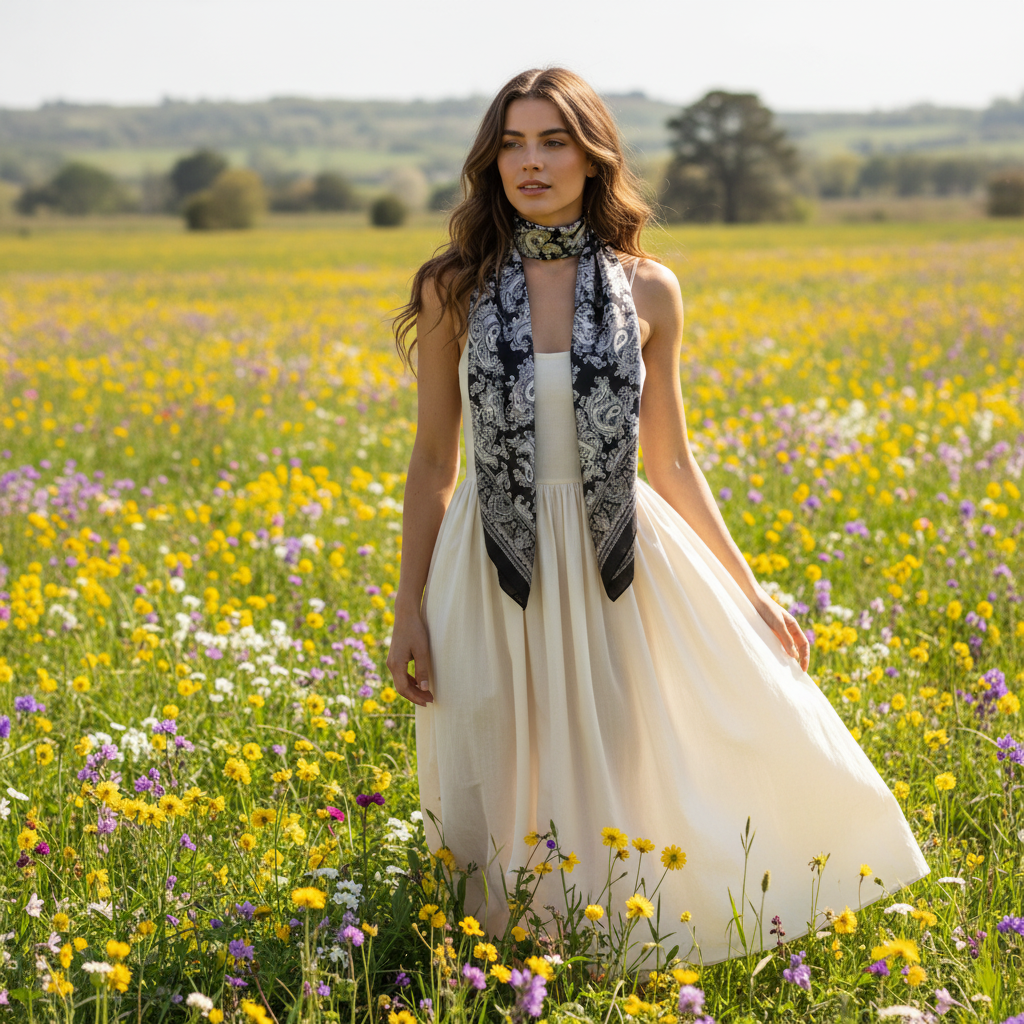 Woman wearing black and white paisley satin square scarf in spring wildflower field lifestyle