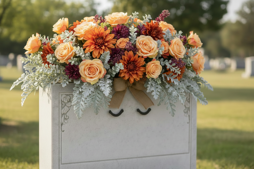 Western style memorial tombstone saddle arrangement with peach roses, burnt orange dahlias, burgundy blooms, and burlap bow accent on weathered granite headstone
