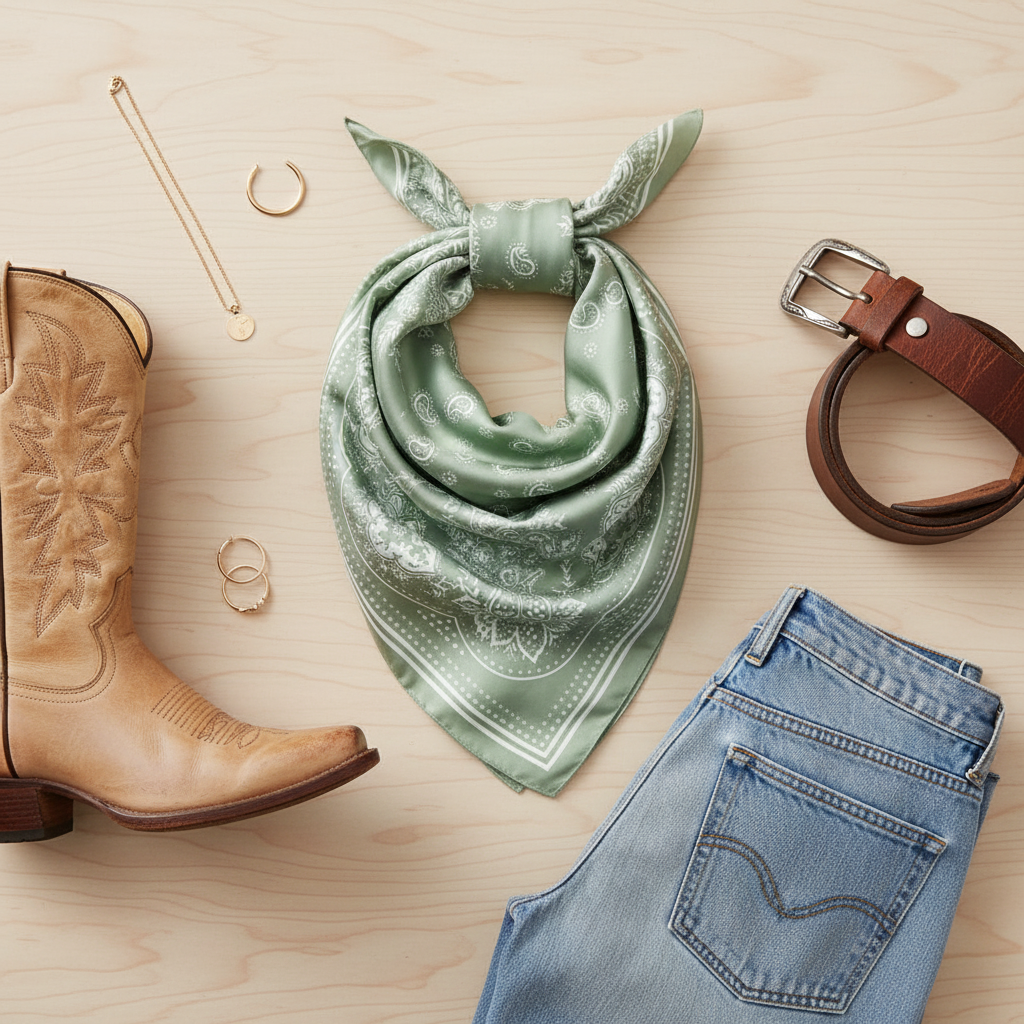 Sage green paisley wild rag scarf styled flat lay with western accessories cowboy boots leather belt gold jewelry and denim